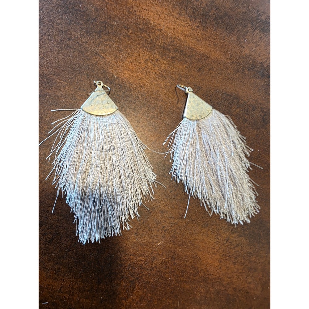 Boho Gold Hammered Metal Champagne Thread Tassel Fringe Statement Drop Earrings